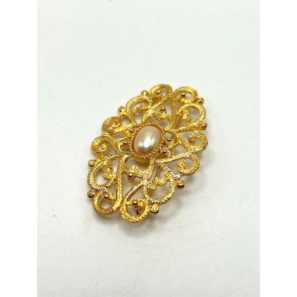 Vintage Scrolled Gold Tone Brooch with Faux Pearl Oval Brooch Pin - Picture 2 of 12